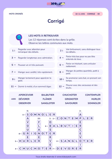 Corrigé de la grille Les nuances de sens, mots croisés CM2