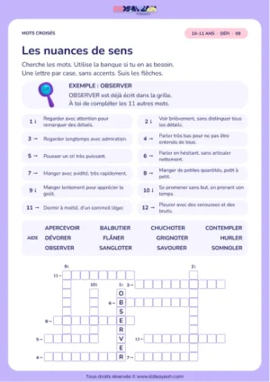Les nuances de sens : grille de mots croisés CM2, 12 mots, fiche enfant