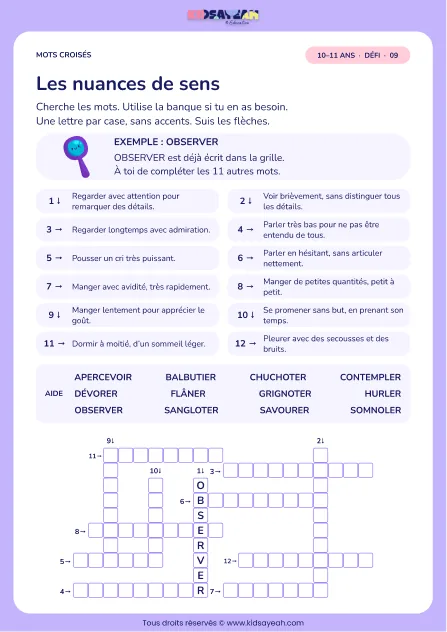 Les nuances de sens : grille de mots croisés CM2, 12 mots, fiche enfant