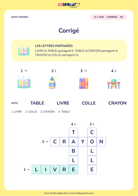 Corrigé de la grille À l’école, mots croisés CP