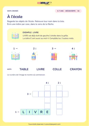 À l’école : grille de mots croisés CP, 4 mots, fiche enfant