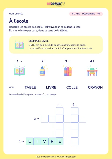 À l’école : grille de mots croisés CP, 4 mots, fiche enfant