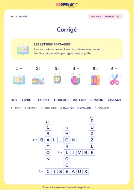 Corrigé de la grille Mon défi des mots, mots croisés CP