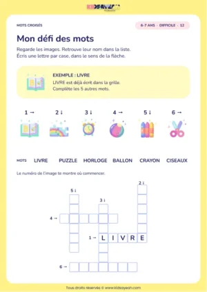 Mon défi des mots : grille de mots croisés CP, 6 mots, fiche enfant