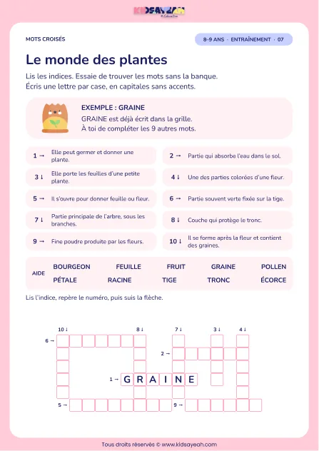 Le monde des plantes : grille de mots croisés CE2, 10 mots, fiche enfant