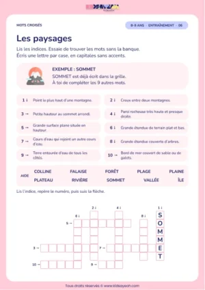 Les paysages : grille de mots croisés CE2, 10 mots, fiche enfant