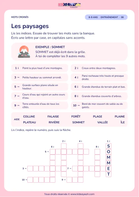 Les paysages : grille de mots croisés CE2, 10 mots, fiche enfant