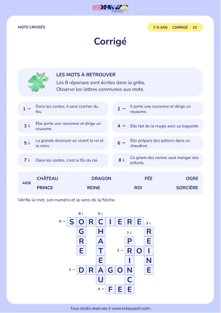 Corrigé de la grille Les contes, mots croisés CE1