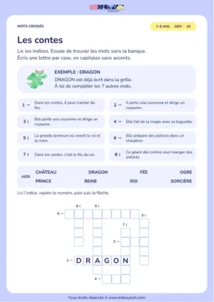 Les contes : grille de mots croisés CE1, 8 mots, fiche enfant