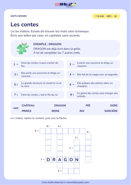 Les contes : grille de mots croisés CE1, 8 mots, fiche enfant
