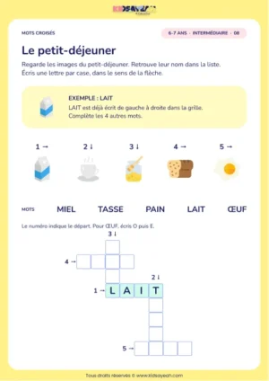 Le petit-déjeuner : grille de mots croisés CP, 5 mots, fiche enfant