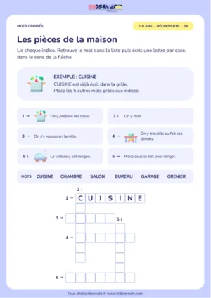 Les pièces de la maison : grille de mots croisés CE1, 6 mots, fiche enfant