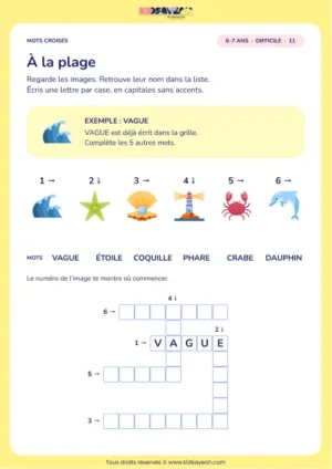 À la plage : grille de mots croisés CP, 6 mots, fiche enfant