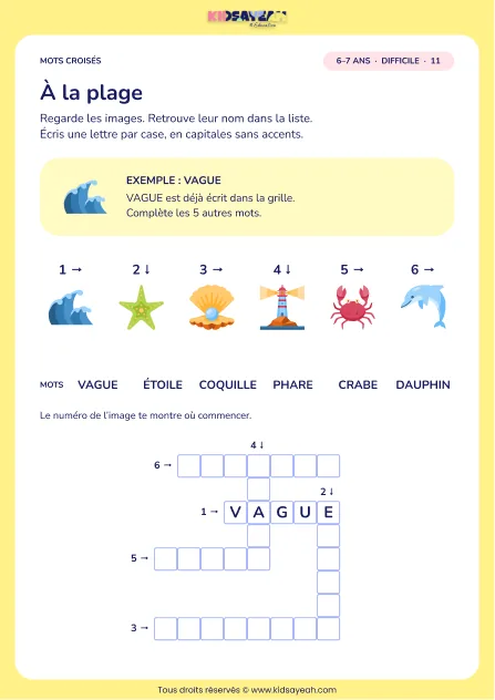 À la plage : grille de mots croisés CP, 6 mots, fiche enfant