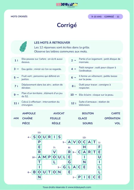 Corrigé de la grille Un mot, plusieurs sens, mots croisés CM1