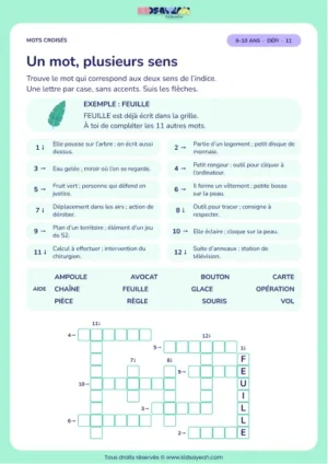 Un mot, plusieurs sens : grille de mots croisés CM1, 12 mots, fiche enfant