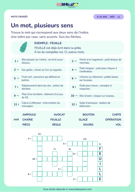 Un mot, plusieurs sens : grille de mots croisés CM1, 12 mots, fiche enfant