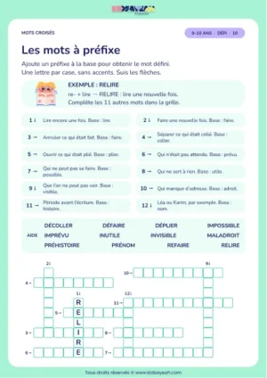 Les mots à préfixe : grille de mots croisés CM1, 12 mots, fiche enfant