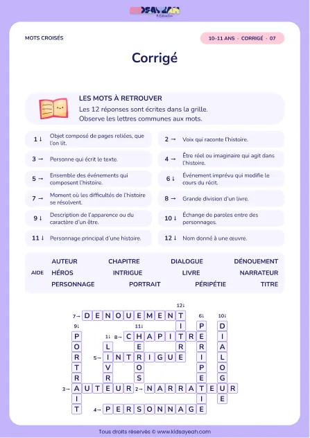 Corrigé de la grille Les mots du récit, mots croisés CM2