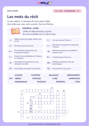 Les mots du récit : grille de mots croisés CM2, 12 mots, fiche enfant