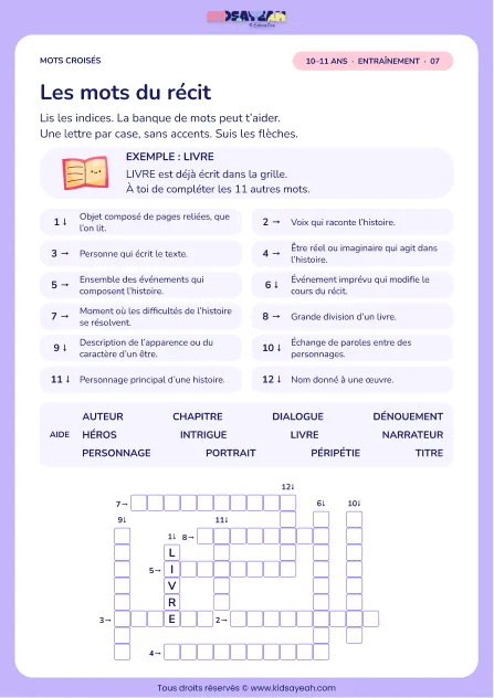 Les mots du récit : grille de mots croisés CM2, 12 mots, fiche enfant