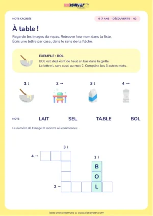 À table ! : grille de mots croisés CP, 4 mots, fiche enfant