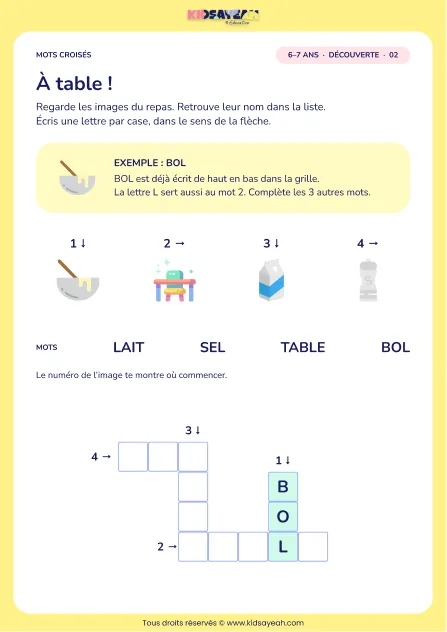 À table ! : grille de mots croisés CP, 4 mots, fiche enfant