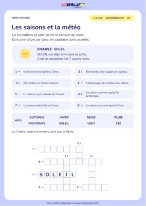 Les saisons et la météo : grille de mots croisés CE1, 8 mots, fiche enfant