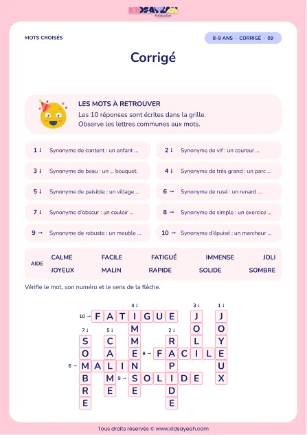 Corrigé de la grille Les mots de sens proche, mots croisés CE2