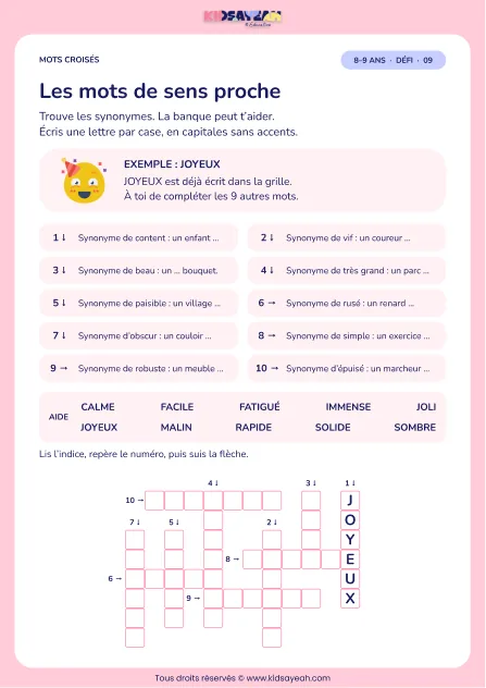 Les mots de sens proche : grille de mots croisés CE2, 10 mots, fiche enfant