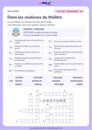 Dans les coulisses du théâtre : grille de mots croisés CM2, 12 mots, fiche enfant