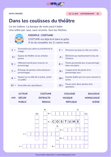 Dans les coulisses du théâtre : grille de mots croisés CM2, 12 mots, fiche enfant