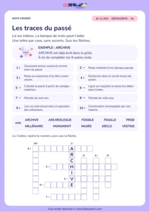 Les traces du passé : grille de mots croisés CM2, 10 mots, fiche enfant