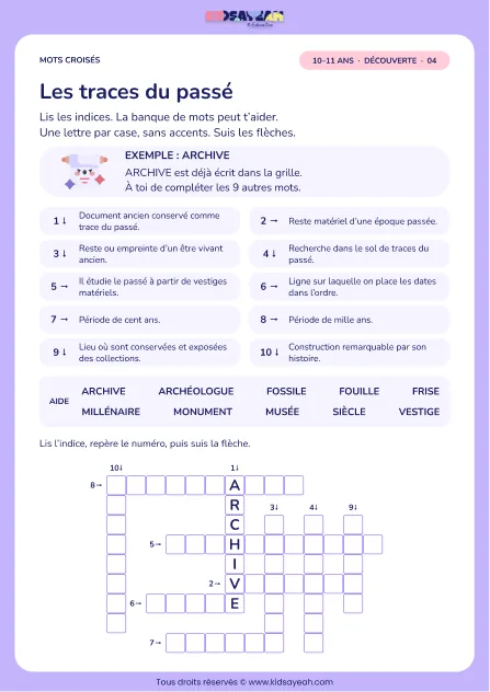 Les traces du passé : grille de mots croisés CM2, 10 mots, fiche enfant