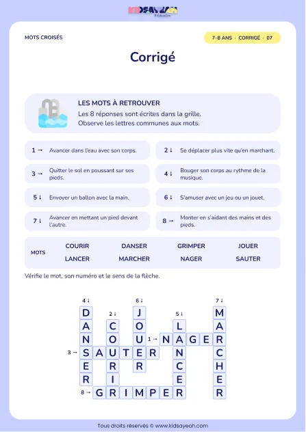 Corrigé de la grille Bouger et jouer, mots croisés CE1