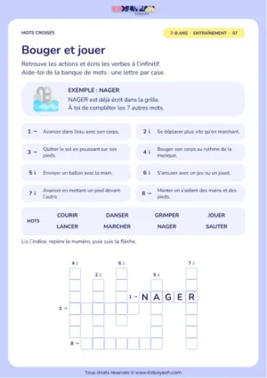 Bouger et jouer : grille de mots croisés CE1, 8 mots, fiche enfant