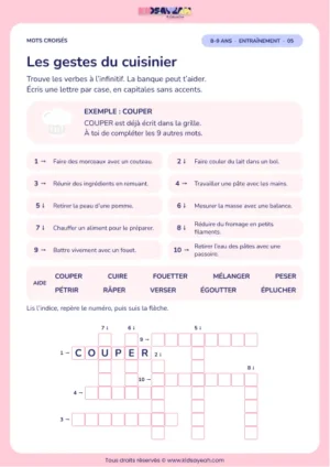 Les gestes du cuisinier : grille de mots croisés CE2, 10 mots, fiche enfant