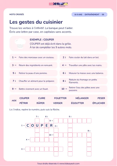 Les gestes du cuisinier : grille de mots croisés CE2, 10 mots, fiche enfant