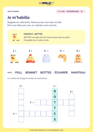 Je m’habille : grille de mots croisés CP, 5 mots, fiche enfant
