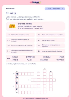 En ville : grille de mots croisés CE2, 8 mots, fiche enfant