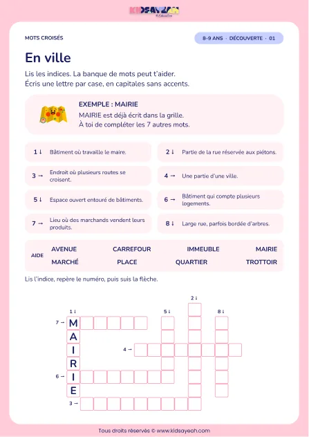En ville : grille de mots croisés CE2, 8 mots, fiche enfant