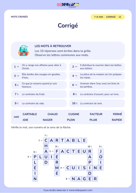 Corrigé de la grille Le grand défi du quotidien, mots croisés CE1