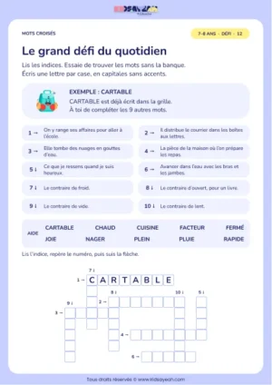 Le grand défi du quotidien : grille de mots croisés CE1, 10 mots, fiche enfant