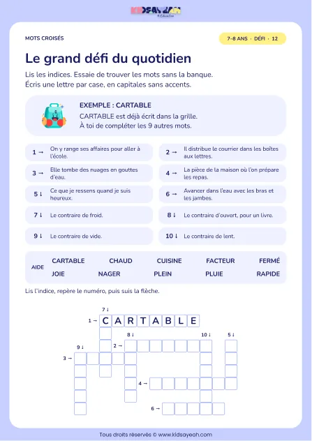Le grand défi du quotidien : grille de mots croisés CE1, 10 mots, fiche enfant