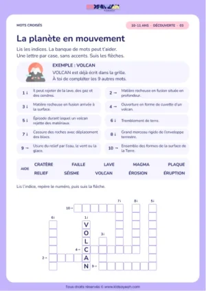 La planète en mouvement : grille de mots croisés CM2, 10 mots, fiche enfant