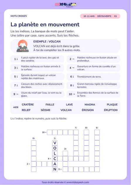La planète en mouvement : grille de mots croisés CM2, 10 mots, fiche enfant