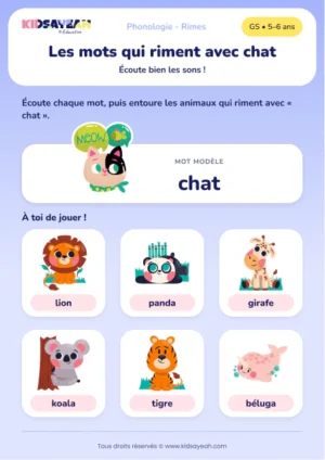 mots qui riment avec chat — Mots qui riment avec chat : fiche de phonologie GS