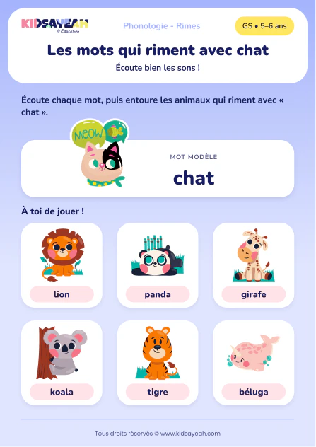 mots qui riment avec chat — Mots qui riment avec chat : fiche de phonologie GS
