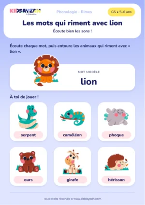 mots qui riment avec lion — Mots qui riment avec lion : fiche de phonologie GS
