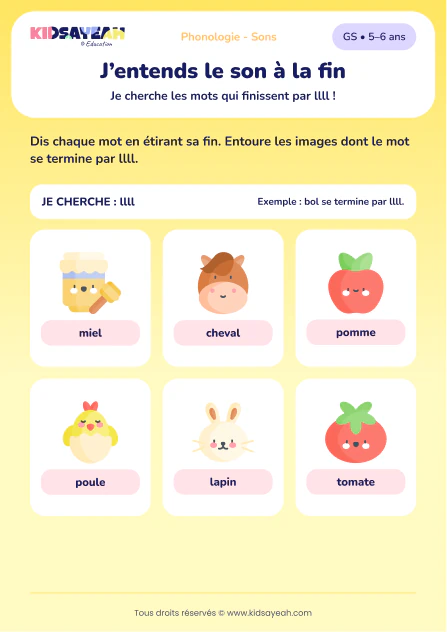 mots qui se terminent par le son L en GS — fiche illustrée à imprimer